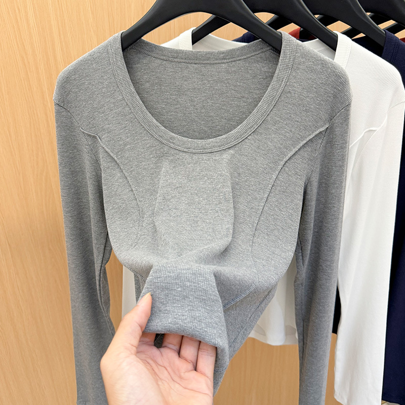 Camiseta simple de manga larga de hombro recto para mujer, primavera de 2025, nueva camiseta delgada de cuello redondo para mujer, top de cintura de espina de pescado image 1