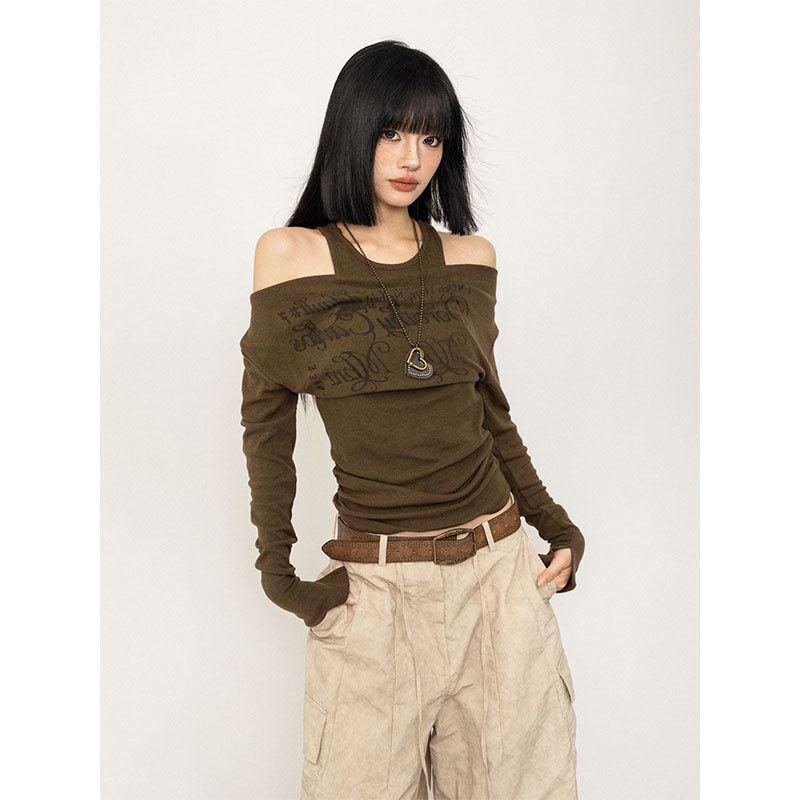 American Style Retro Printed Shoulder Long-sleeved T-shirt Women's Autumn New Arrival Skinny Spice Girl Fake Two-piece Top Ins