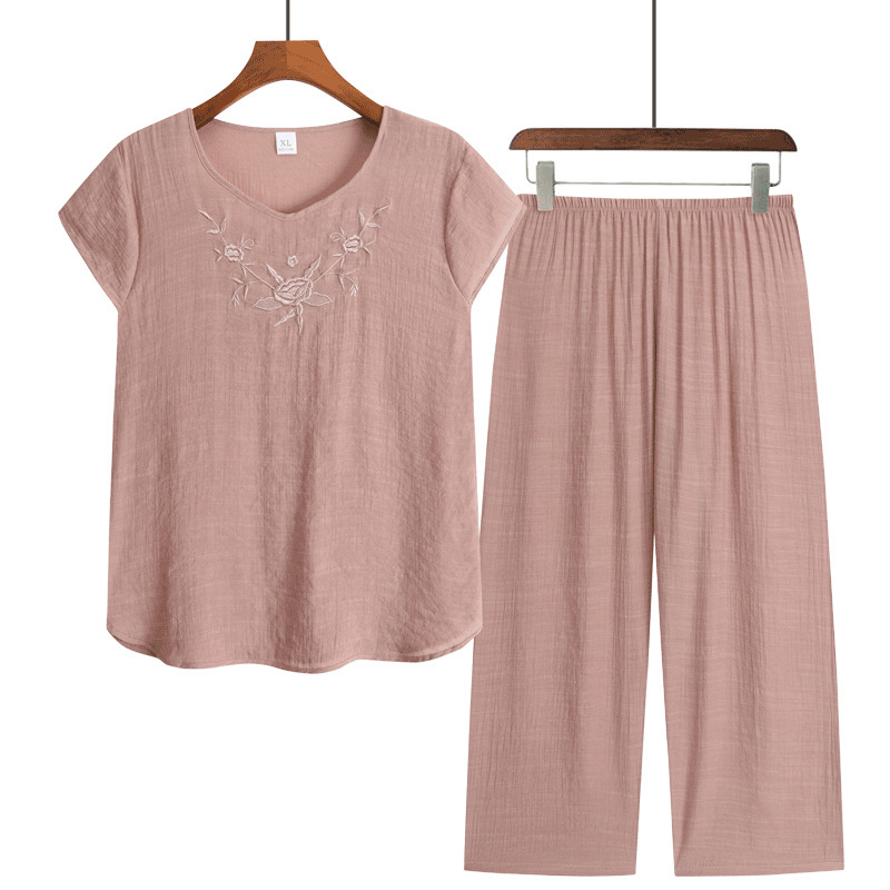 Middle-Aged and Elderly Women's Summer Pajamas, Short-Sleeved, Large Size Women's Home Clothes, Grandma's Thin Two-Piece Suit