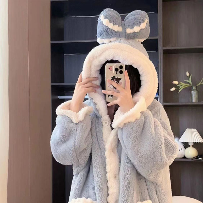 엘사 공주 가을과 겨울 잠옷 여성용 산호 양털 나이트가운 플러스 벨벳 두꺼워진 귀여운 아우터 웨어 겨울 홈 의류 정장