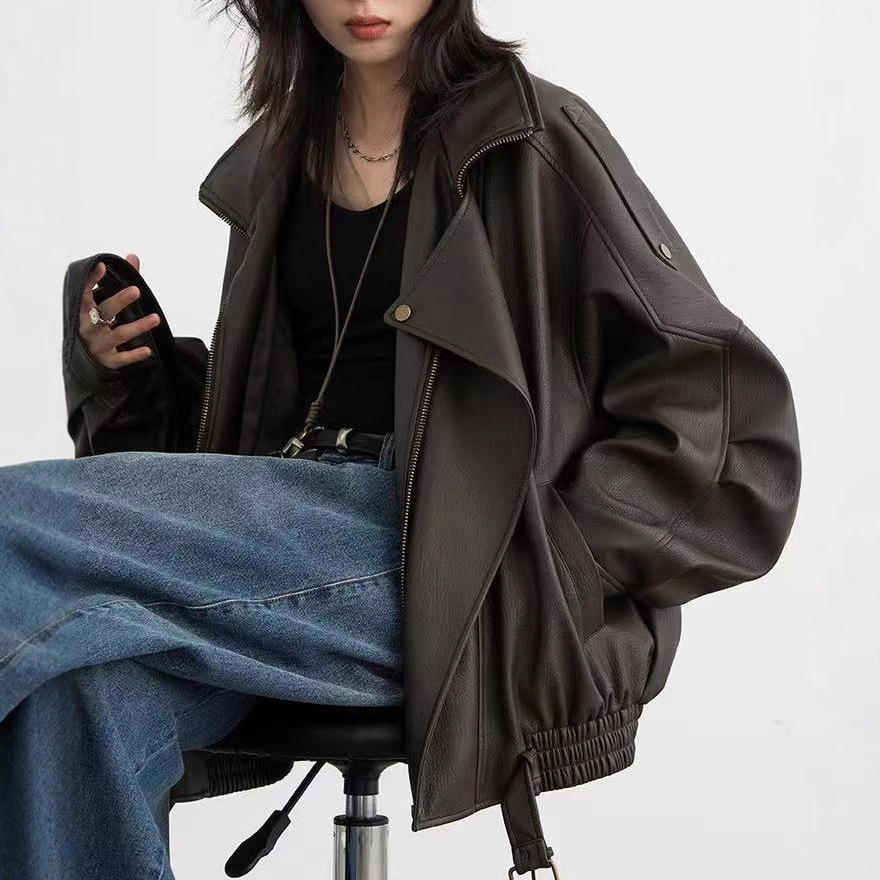 Chicven [Ready Stock] Heavy Retro Neutral Stand-Up Collar Motorcycle Women's Autumn and Winter Leather Jacket Jacket Top