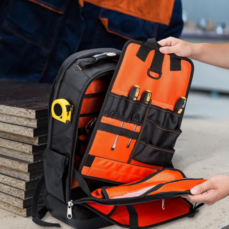 La nueva mochila gruesa y resistente al desgaste para herramientas pesadas con múltiples bolsillos de herramientas de fondo duro es adecuada para edificios eléctricos