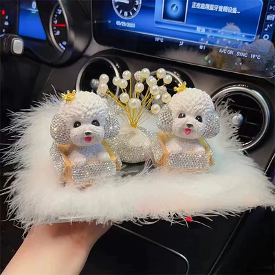 center console Diamond-embedded shaking | Car ornaments - crown-diamond-teddy-dog-2-4-diamond-balls-white-pearl-gypsophila-small-size-wool-pad-glue-10