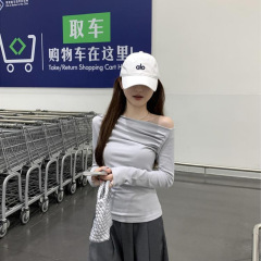 2025秋季新款韩系纯欲气质斜肩修身显瘦褶皱露肩长袖T恤上衣女潮1