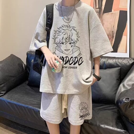 Summer Hong Kong Style Waffles suit Men's Clothing Youth Summer Casual Sportswear Shorts Short-sleeved T-shirt Two-piece Set