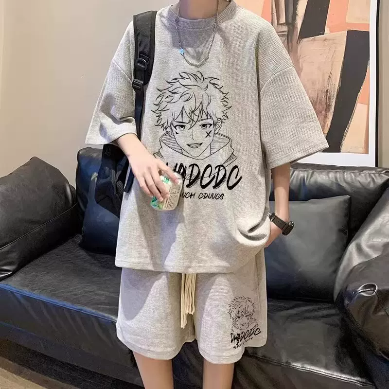 港风华夫格套装男装青少年运动服短裤短袖t恤俩件套潮流运动套装