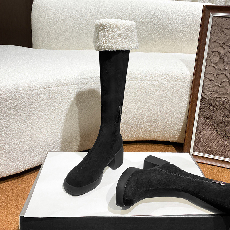 New high, long, heavy-soled lamb fleece boots with chunky heels_voghion.com