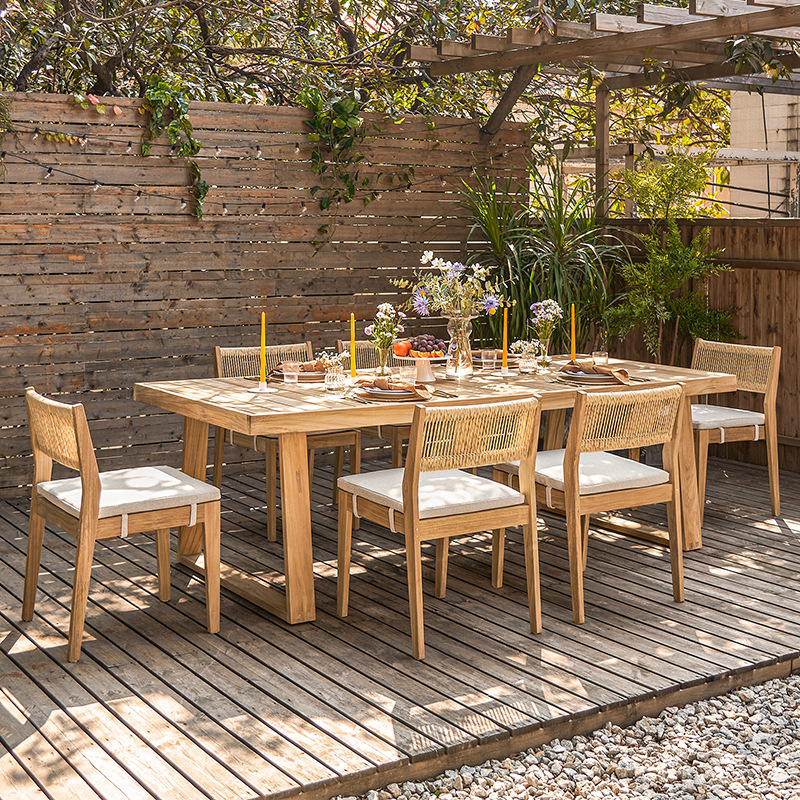 Mesa y silla de madera maciza al aire libre patio balcón al aire libre impermeable protección solar ocio muebles de jardín al aire libre cuerda trenzada mesa y silla combinación