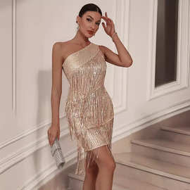 2024欧美性感女装连衣裙斜肩流苏拼接包臀亮片连衣裙 派对礼服120