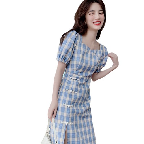Chinese dress for women Cheongsam dress Chinese qipao plaid dress female day retro oriental blue plaid waist skirt