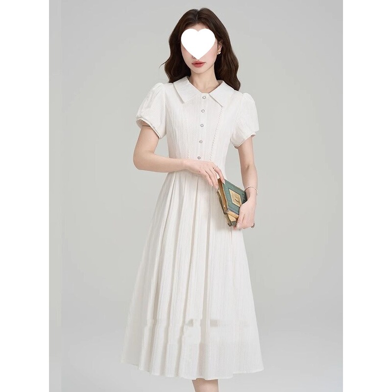 College-style white shirt dress for women, 2026 summer new model, sweet and petite, slim-fit, pleated long dress