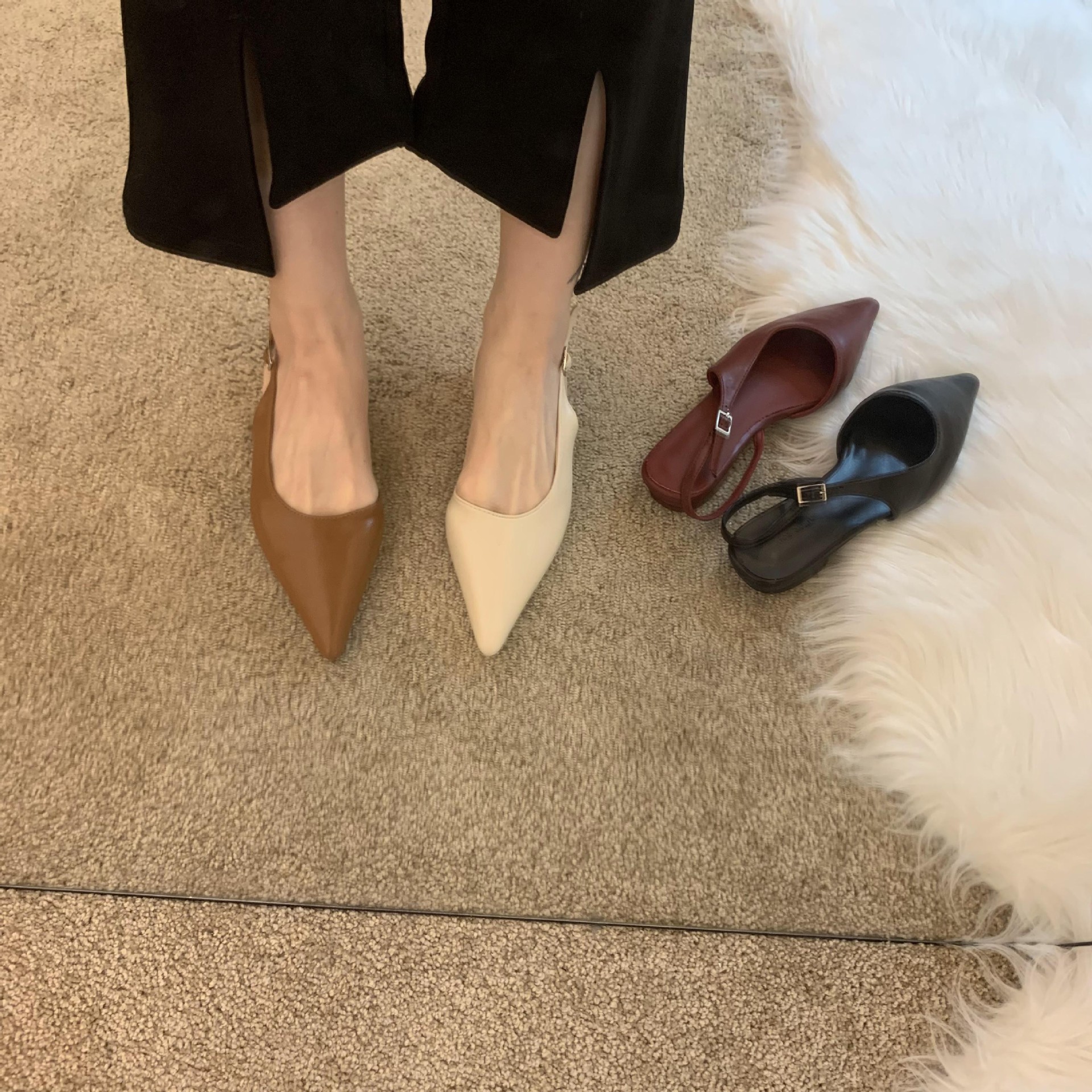 Dámské ploché boty s internetovými celebritami pro jaro a léto 2023, tenký podpatek, špičatá špička, mělká ústa, taštičková špička, kočičí podpatek, pásek, vílí boty_voghion.com