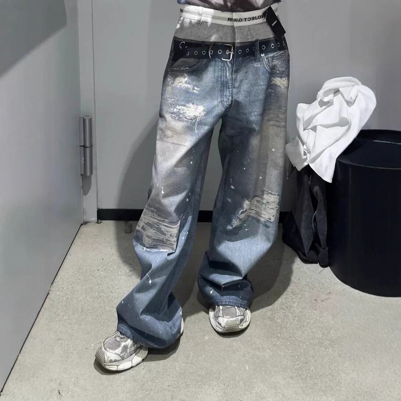 High Version Projectg/R24 Fake Two-Piece Spoof Underwear 3D Printed Loose Destruction Denim Pants for Men and Women