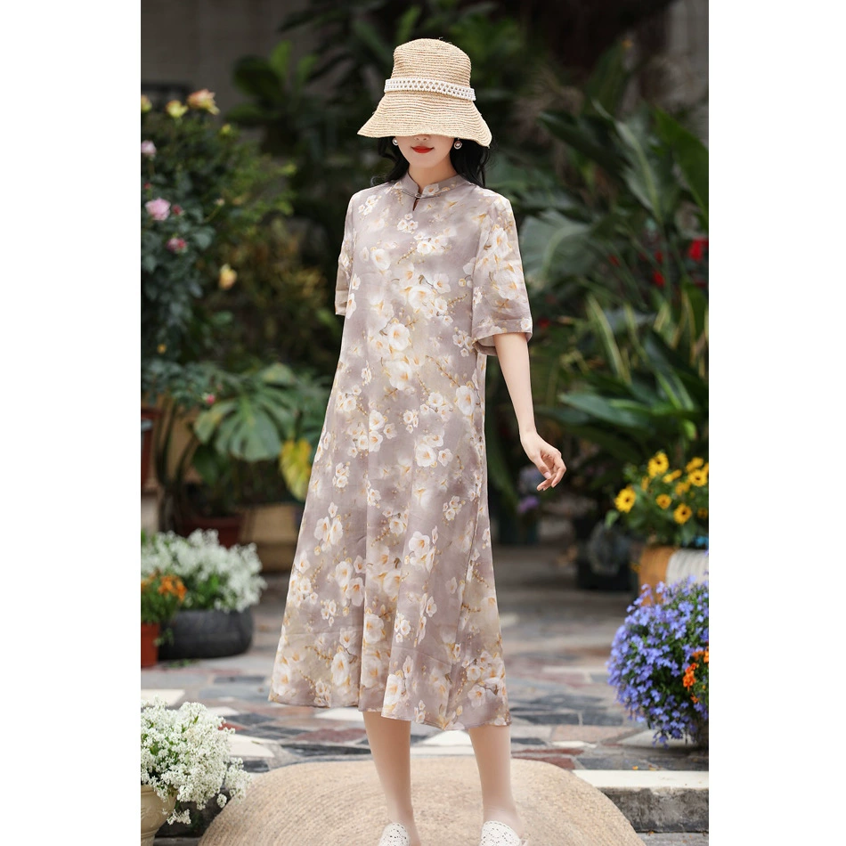 2021 Новое поступление, женское длинное платье со средним рукавом и подкладкой из хлопка с высокой стойкой и принтом рами в литературном стиле