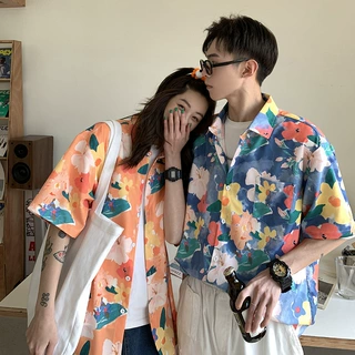 情侣装夏装短袖碎花衬衫女夏威夷复古港风上衣设计感小众度假衬衣