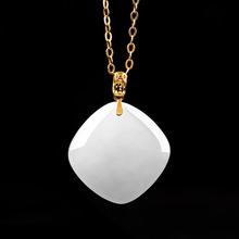 天然老料和田玉方形方糖吊坠正品18K金镶玉石项链挂件男士女款