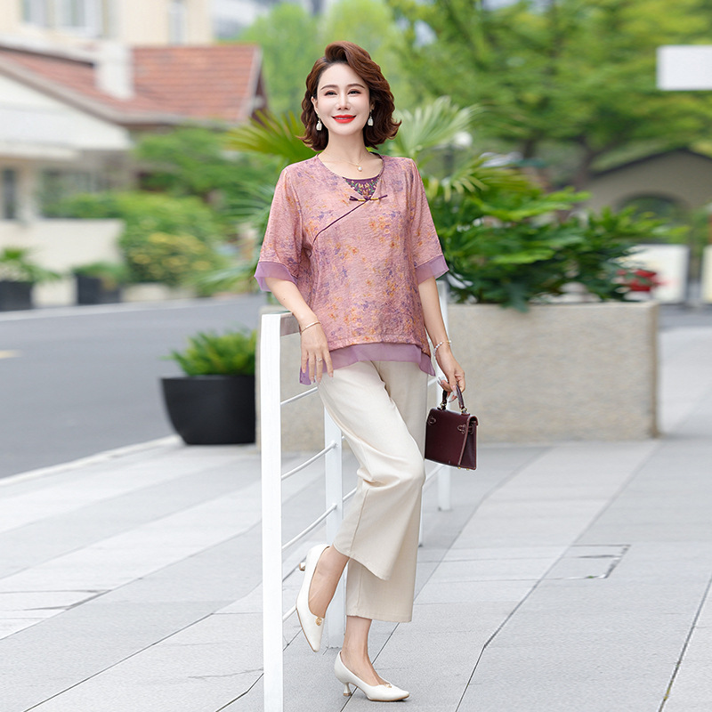 Mom's Summer Clothes 2025 New Style Suits, Short-Sleeved Shirts, Middle-Aged and Elderly Women's Summer New Chinese Style Two-Piece Sets Mom's Summer Clothes 2025 New Style Suits, Short-Sleeved Shirts, Middle-Aged and Elderly Women's Summer New Chinese Style Two-Piece Sets