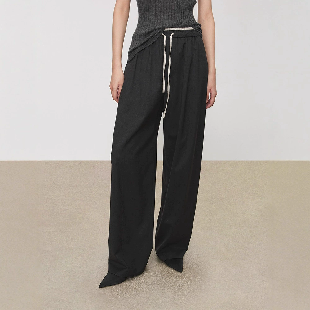 TH～ROW条纹翻折腰气球裤_意大利可机洗羊毛拼雨露麻松紧腰圆弧裤