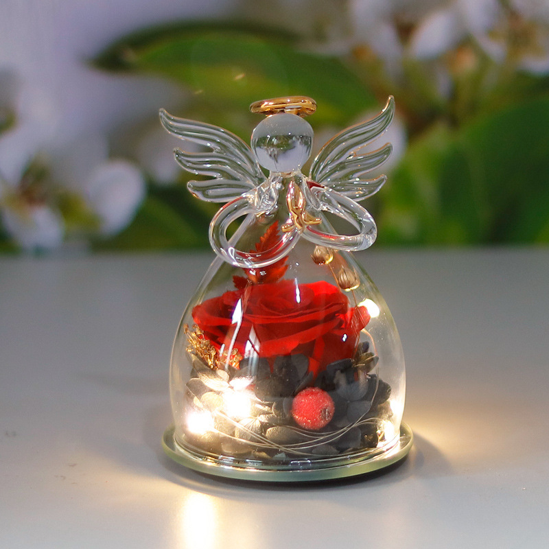 Comercio electrónico transfronterizo cubierta de vidrio flor eterna angelito rosa eterna Navidad regalo del día de San Valentín cubierta de vidrio decoración