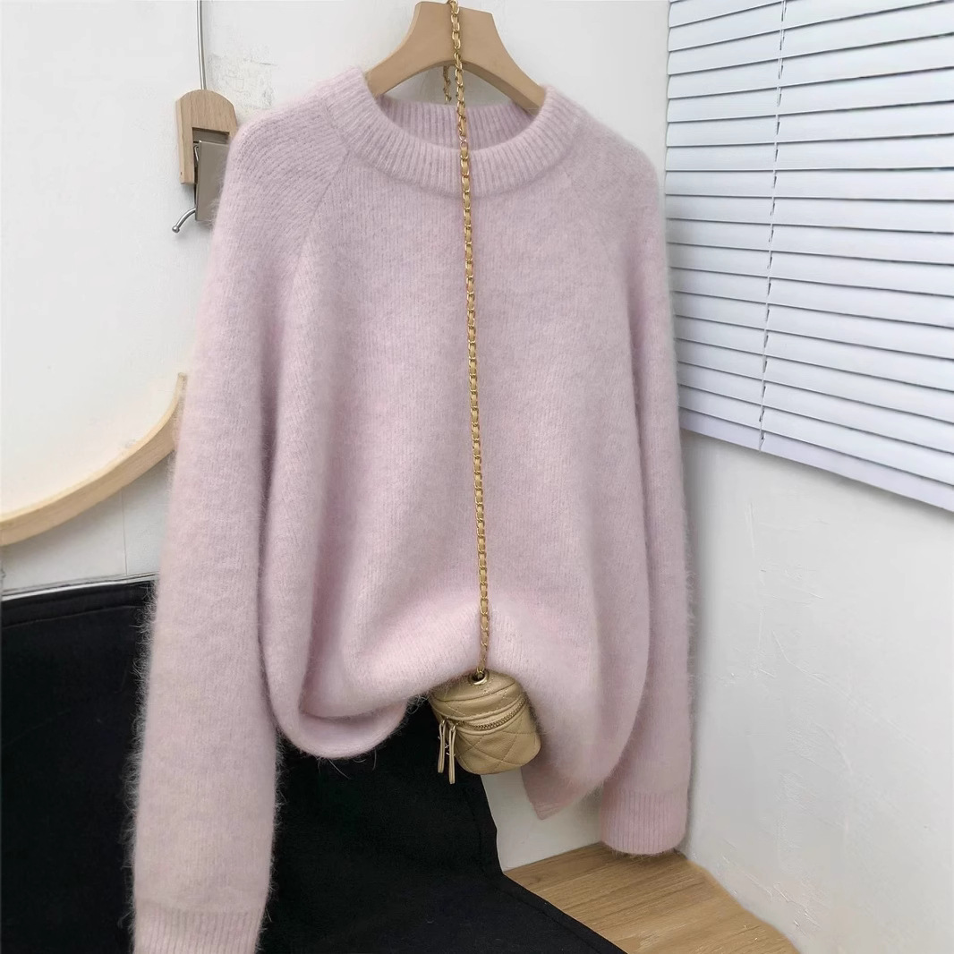 ヨーロッパの商品100純ウールのセーターの女性2025年の冬のピンクの肩のカシミヤはゆったりとしています。