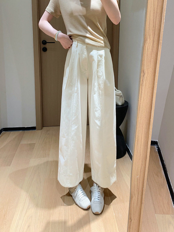 100棉立体双褶宽边九分裤早秋宽松直筒纯色巨显瘦休闲裤|undefined