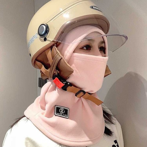 Women's winter warm fleece hat with face shield, windproof scarf, e-bike helmet inner lining hat, one-piece design