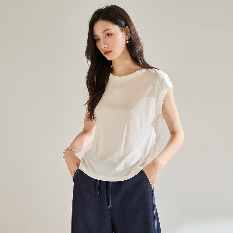 Summer New Style Cool Air-Conditioning Acetate T-Shirt, Refreshing and Silky Short-Sleeve T-Shirt for Women with Cover Sleeves, Top 18754 White