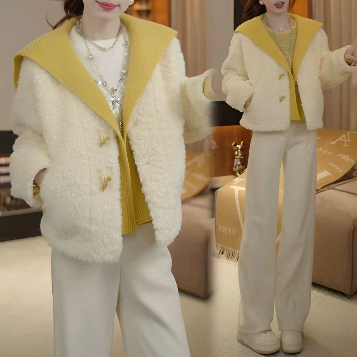 2025秋冬新款韩版时尚百搭显瘦毛毛翻领披肩设计感胖mm上衣女外套