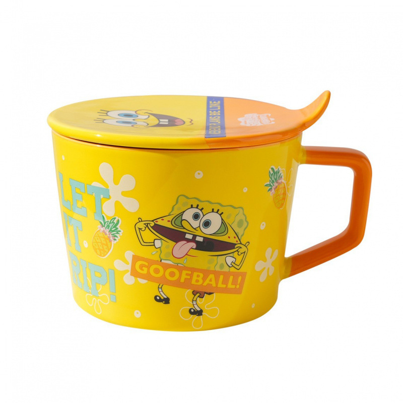 Bob Esponja cerámica con cubierta de espuma taza de fideos tazón set de cubiertos pareja casero regalo de cumpleaños inwind