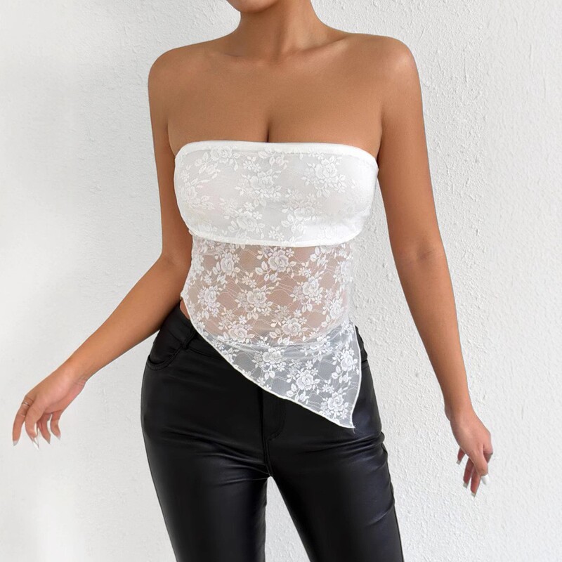 Amazon Summer Hot Shoulder Collar Tube Top Women's T-shirt European and American Sexy Waist Lace Base Top