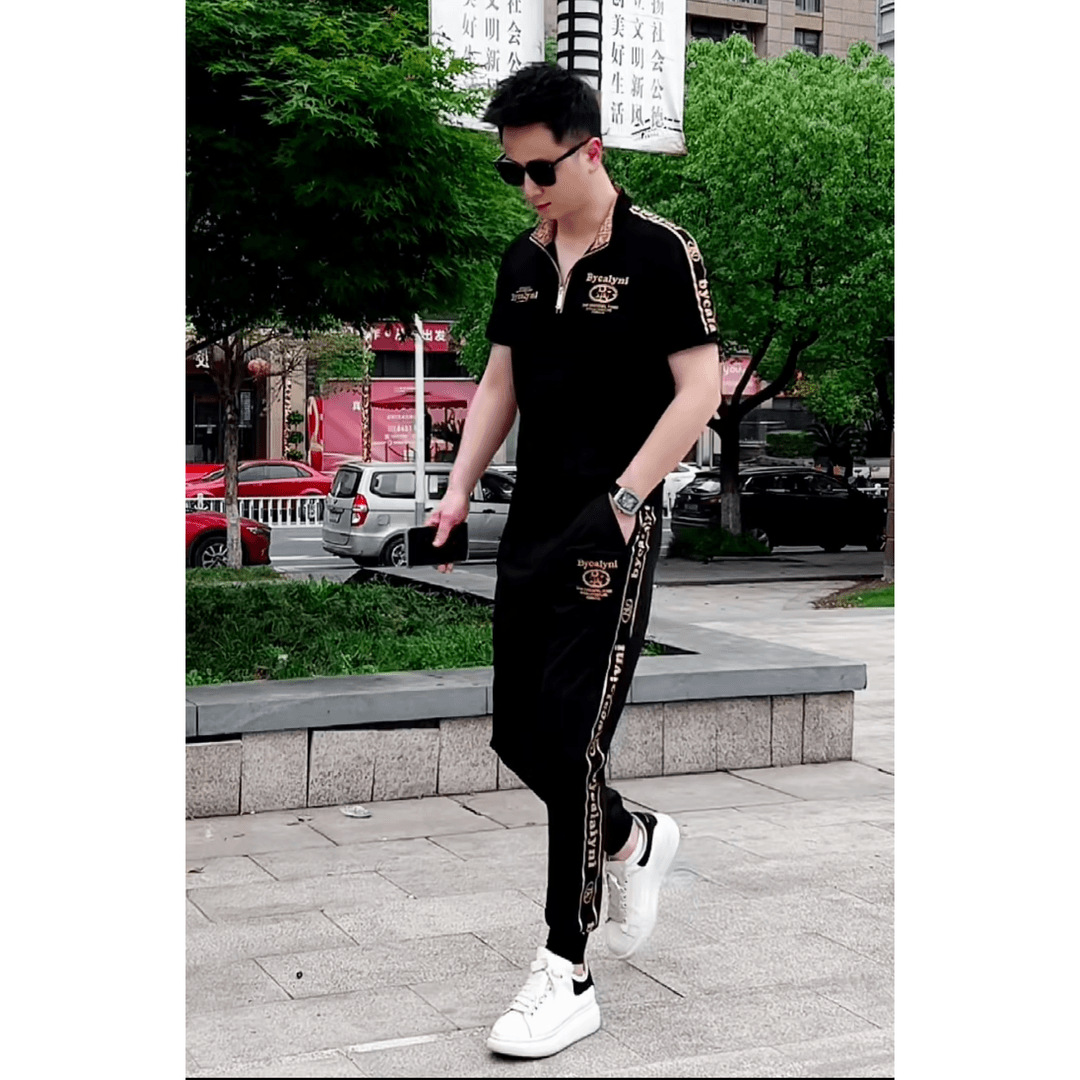 Quality Men's Two-Piece Summer Clothing Casual Collar Short Sleeve All-Match Ribbon Pants suit high quality Men