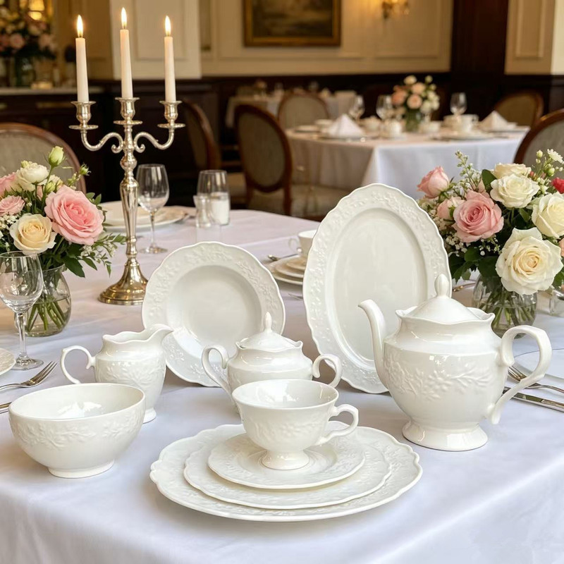 Cross-Border French-Style Embossed Household Ceramic Plates, Ins-Style Tableware Set, Coffee Cup and Saucer, Oval Soup Plate, Scalloped Flat Plate