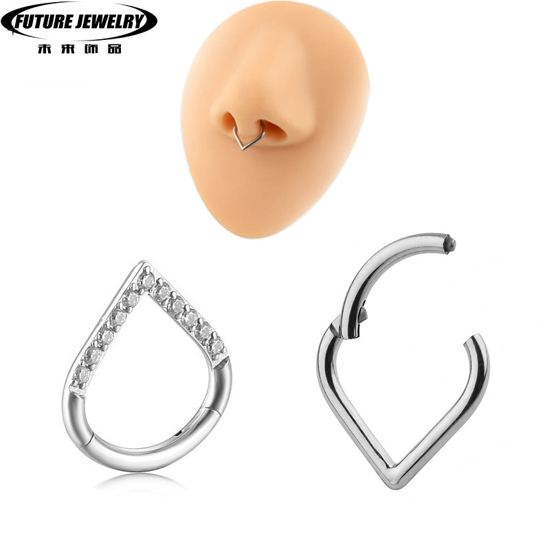 CNC factory stainless steel high-grade puncture jewelry zircon nose ring closed ring seamless nose ring heart-shaped front inlay