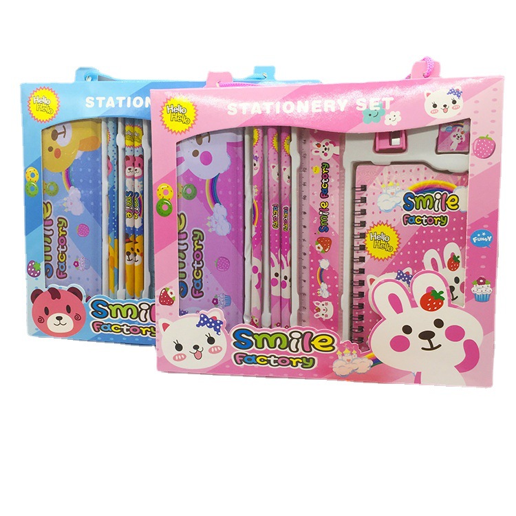 Juego de ocho piezas de artículos de papelería portátiles de dibujos animados para el Día del Niño, regalos de recompensa para las fiestas