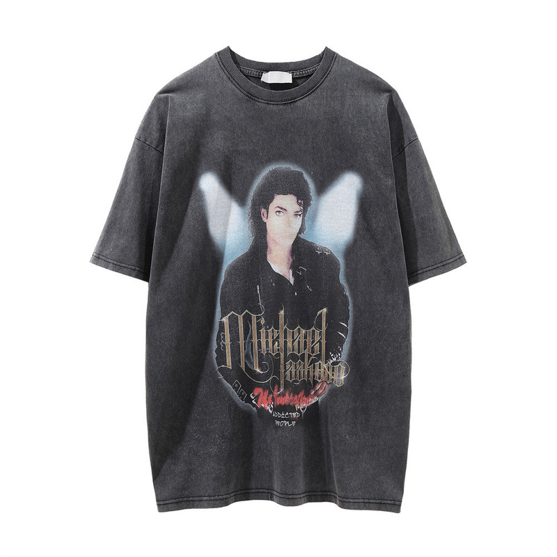 Michael Jackson Character Print Men's Short-sleeved T-shirt Trendy Brand Round Neck Half-sleeved T-shirt Summer Trendy Loose T-shirt Michael Jackson Character Print Men's Short-sleeved T-shirt Trendy Brand Round Neck Half-sleeved T-shirt Summer Trendy Loose T-shirt