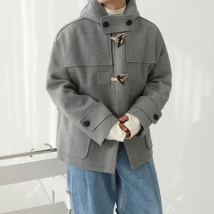 MYQ hooded woolen coat men's autumn and winter warm cotton-padded coat Korean style loose horn buckle short woolen coat