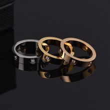 跨境直供满钻戒指 十字螺丝锆石钛钢戒指三色六钻情侣对戒批发