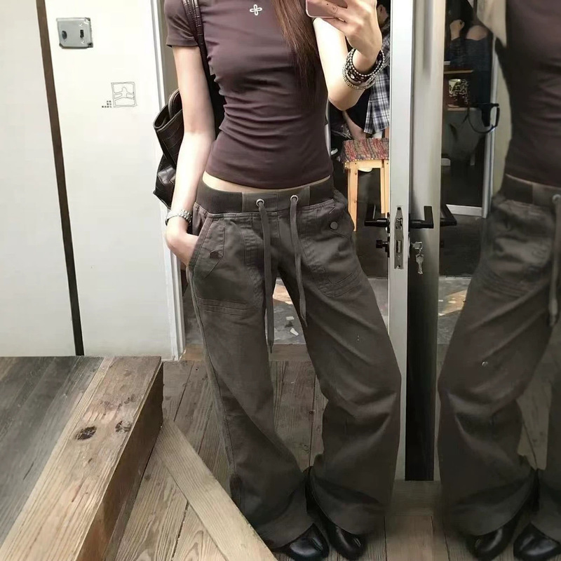 European and American style unique street fashion slim-fit workwear trousers for women, straight wide-leg pants with straps, low-waist casual jeans, trendy European and American style unique street fashion slim-fit workwear trousers for women, straight wide-leg pants with straps, low-waist casual jeans, trendy