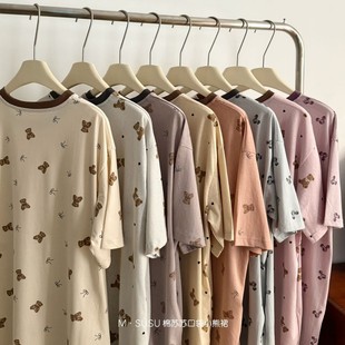 Cotton Pocket Bear Dress Summer with Pockets Slimming Japanese Style Thin Round Neck Dress Loose Pajama Long Dress