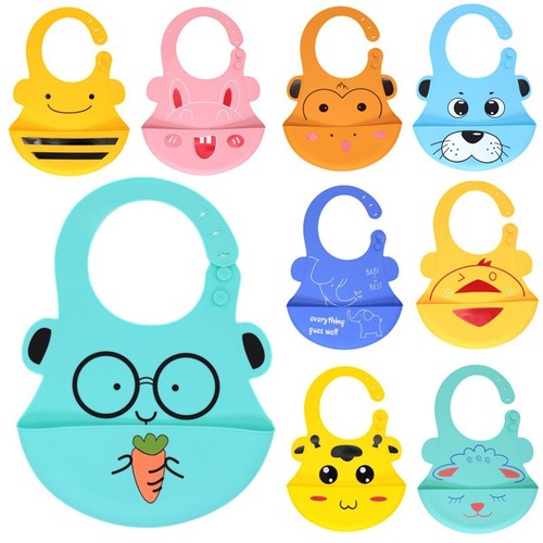 Large cartoon anti-dirty silicone bib 4-season three-dimensional wash-free waterproof eating bag children's adjustable soft silicone bib