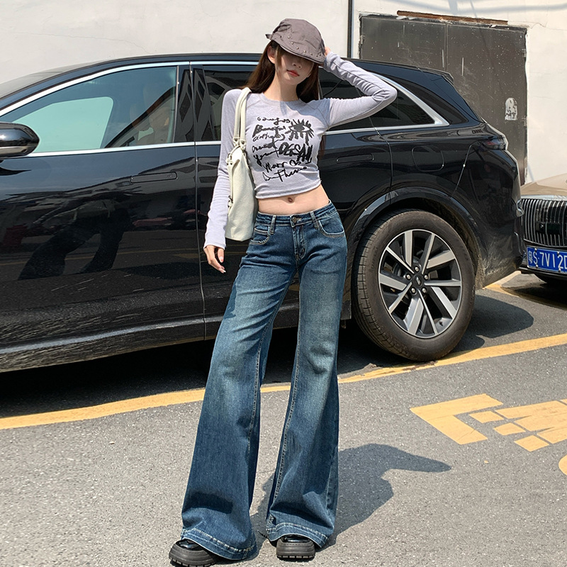 Retro Hot Girl Low-Waist Elastic Wide-Leg Straight Floor-Length Jeans for Women, New Autumn and Winter Versatile Slimming Flared Pants