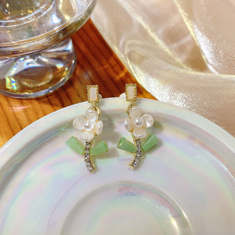 SKU-02-02绿色小花镶钻耳钉-银针