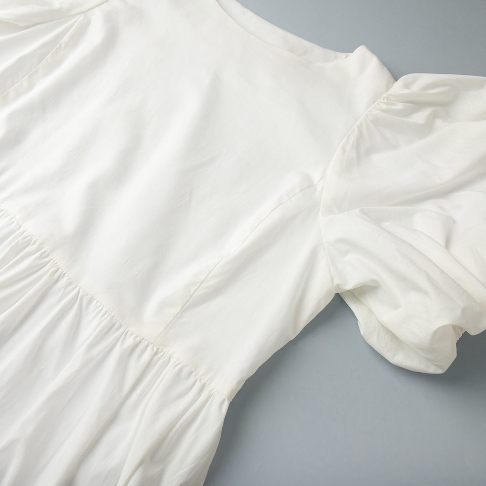 Đầm liền nữ cổ tròn tay phồng cotton dáng rộng màu trơn — Màu trắng chi tiết 11