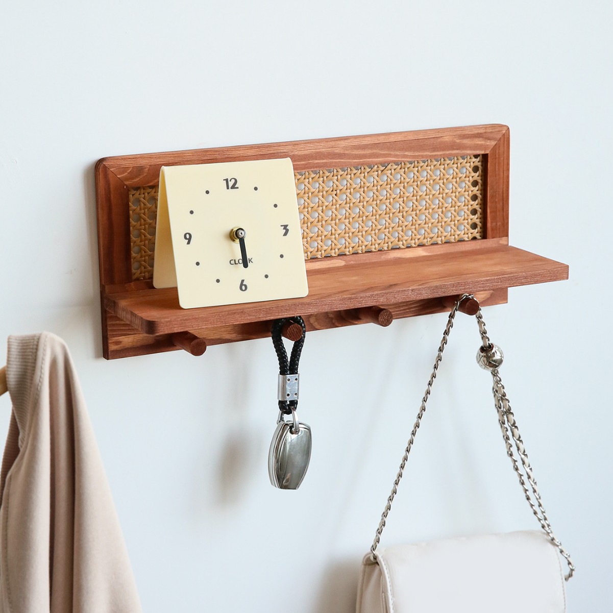 Solid Wood Rattan Decoration Wall Hanging Rack Porch Decoration Storage Rack Wooden Key Hook Rack Wall Decoration