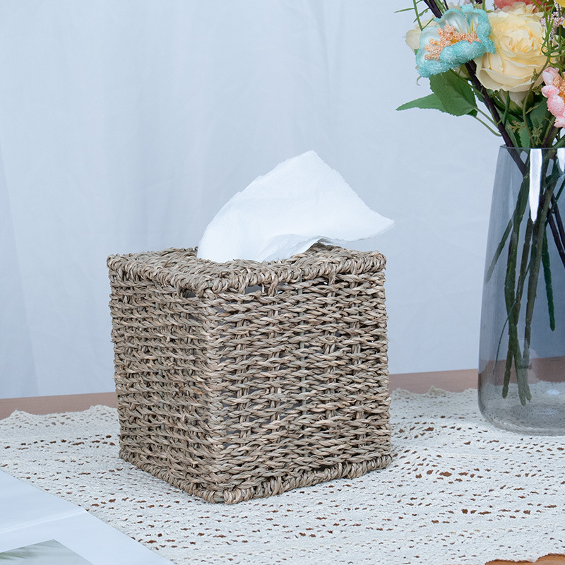 Wholesale Seagrass Woven Storage Box Coffee Table Desktop Tissue Box Napkin Storage Basket Living Room Car Toilet Paper