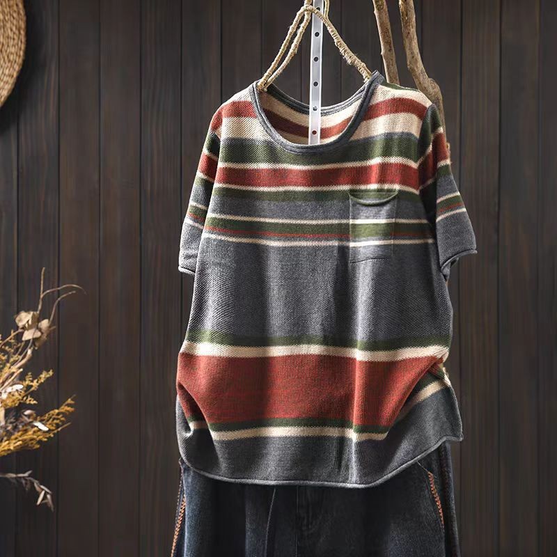 2025 Spring New Contrast Color Striped Knitted Quarter Sleeve Loose…