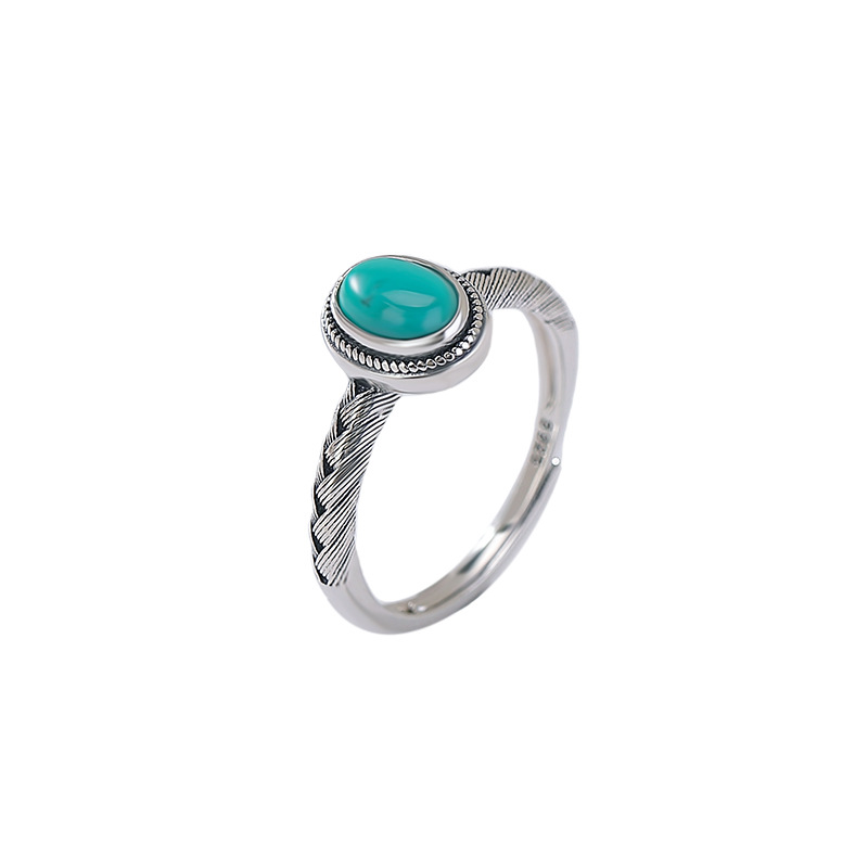 Yilu Silver Turquoise S925 Sterling Silver Vintage Egg Face Hình bầu dục bện răng Nhẫn Cung cấp xuyên biên giới — một mảnh