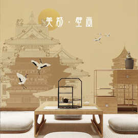 新中式客厅沙发山水画背景墙布卧室床头墙纸无缝8D超高清壁纸