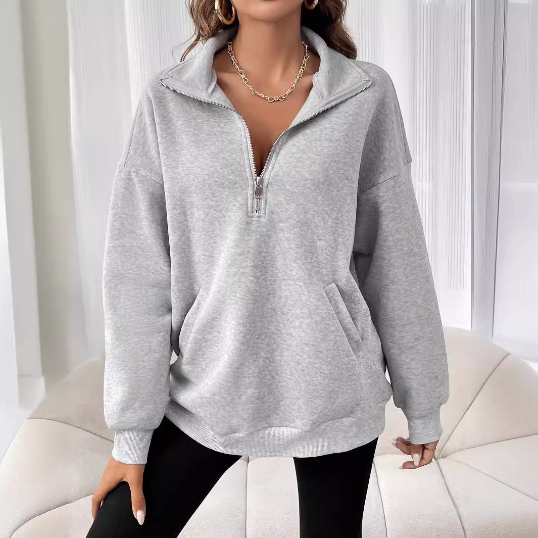 Women's Clothing 2024 autumn and winter new fashion zipper lapel solid color casual T shirt for women_voghion.com