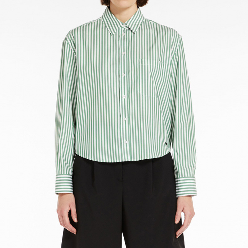 MAX Cotton Poplin Green and White Striped Shirt 2025 New Casual Loose Thin Coat Elegant All-match Long-sleeved Top